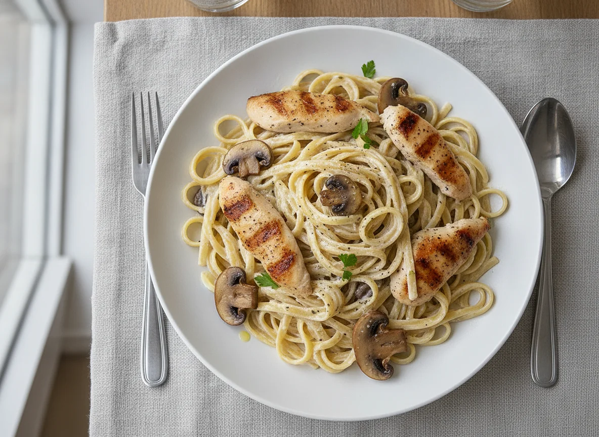Fettuccine Alfredo with Chicken and Mushrooms photo