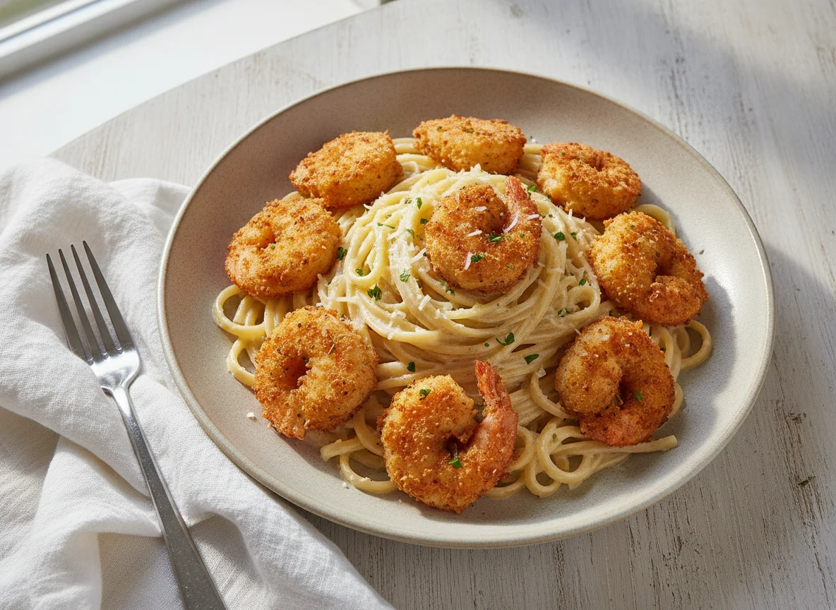 Fettuccine Alfredo with Fried Shrimp photo
