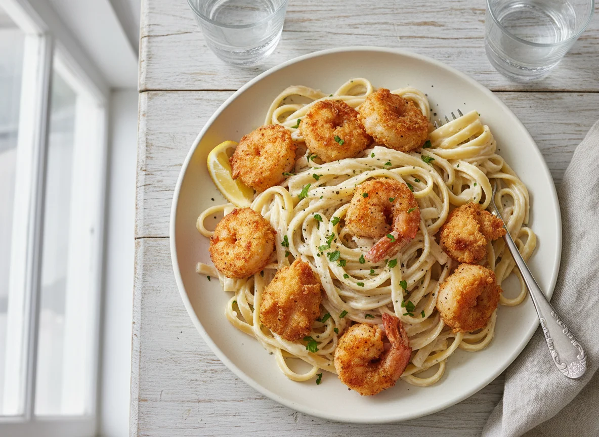 Fettuccine Alfredo with Fried Shrimp and Chicken photo