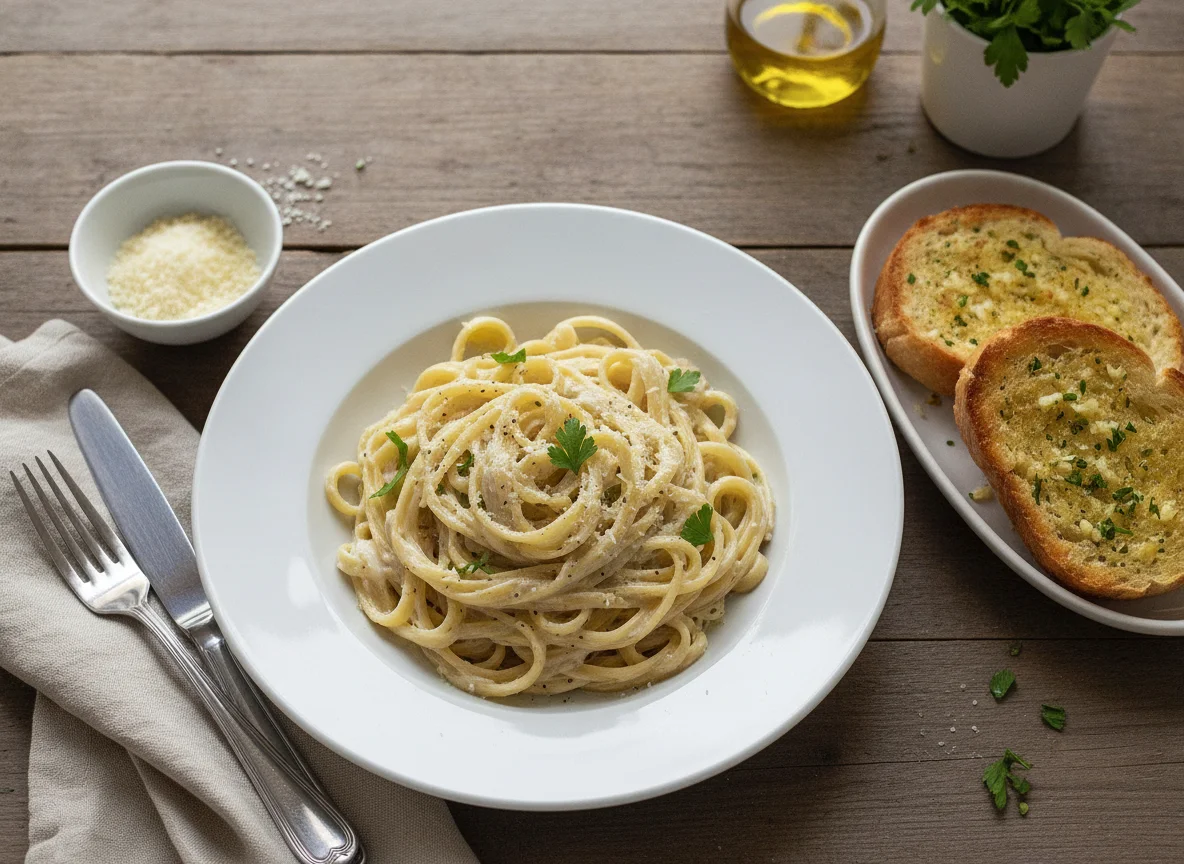 Fettuccine Alfredo with Garlic Bread photo