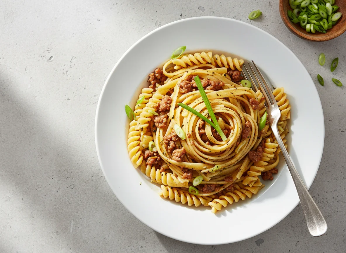 Fettuccine with Minced Meat and Spring Onion photo