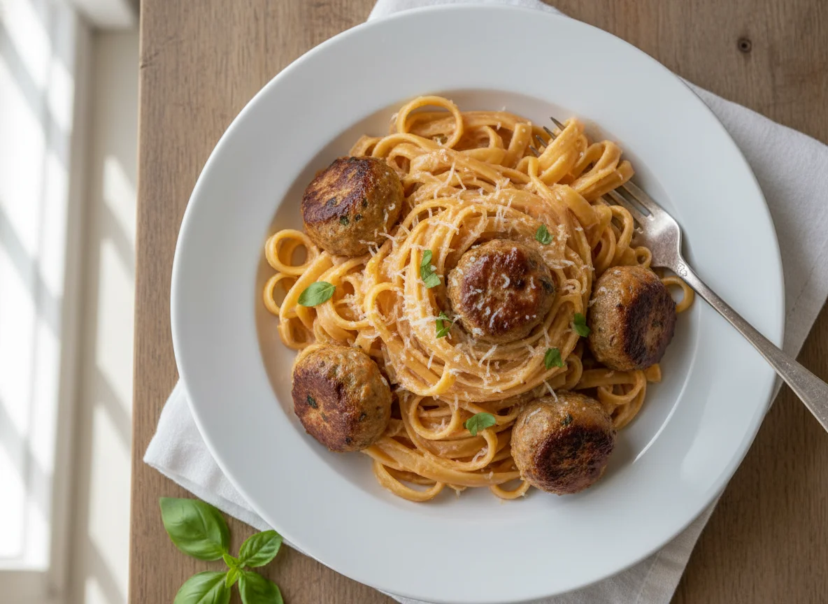 Fettuccine with Tomato Cream Sauce and Meatballs photo