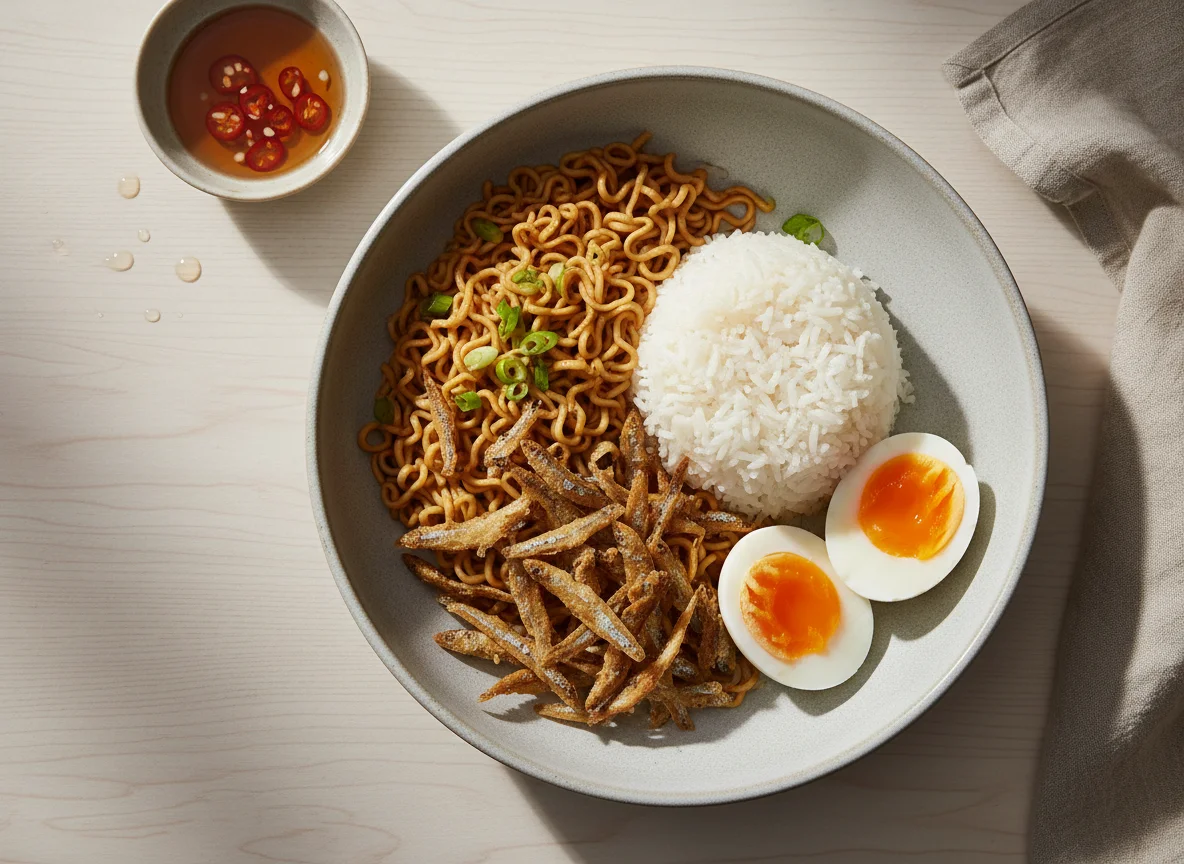 Filipino Breakfast Bowl with Dilis, Rice, Noodles, and Eggs photo