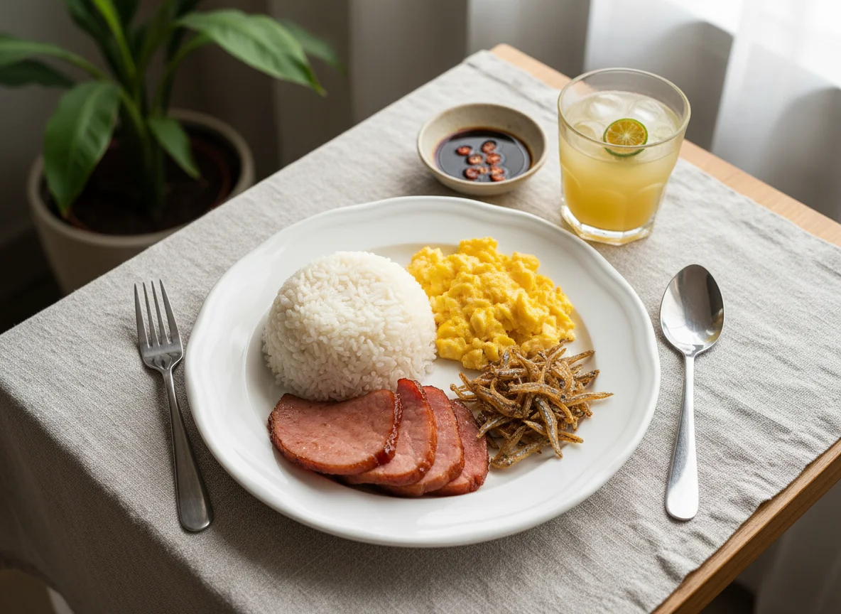 Filipino Breakfast Plate with Ham, Scrambled Eggs, Dried Fish, and Rice photo