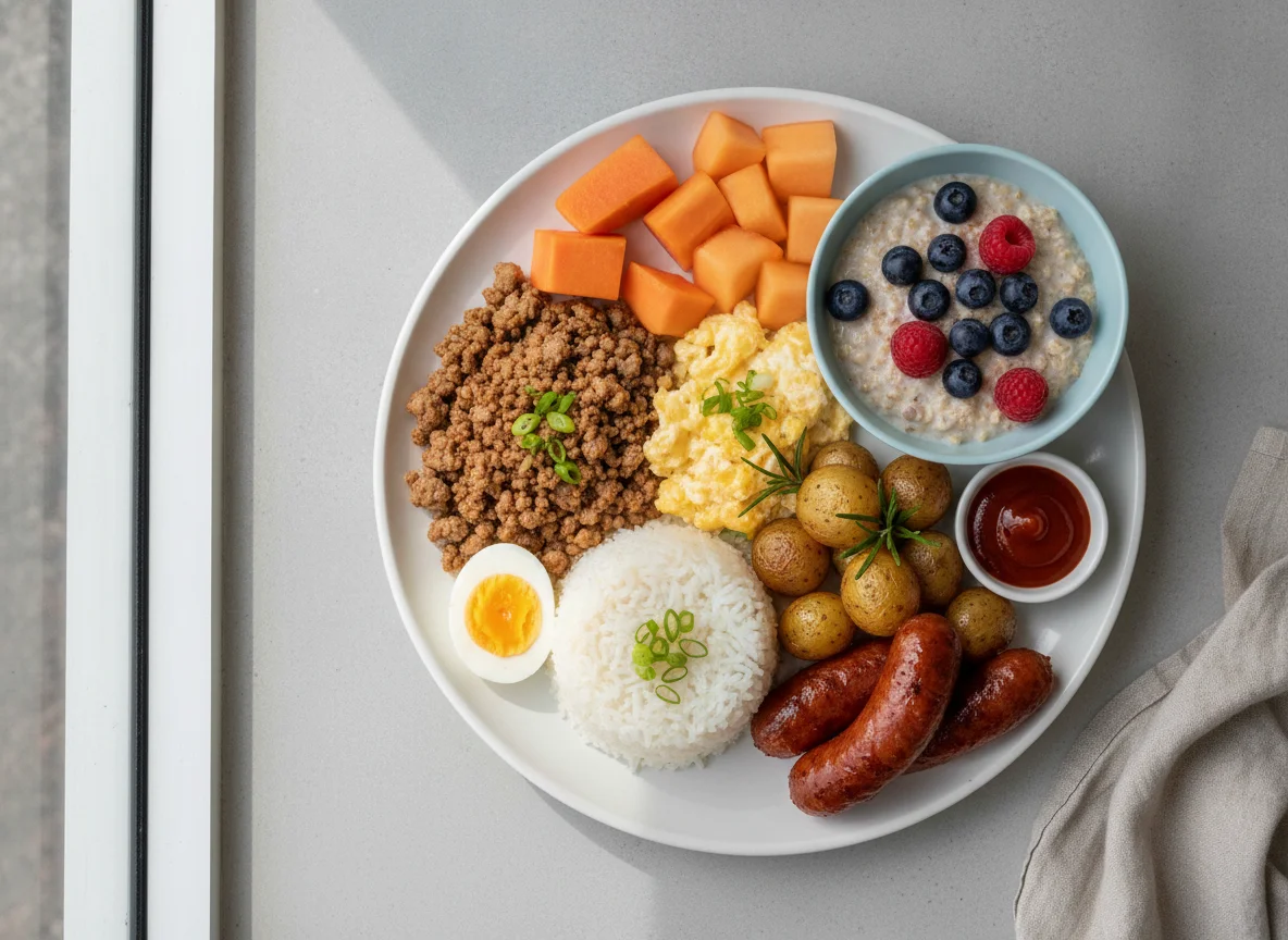 Filipino Breakfast Platter with Fruit and Oatmeal photo