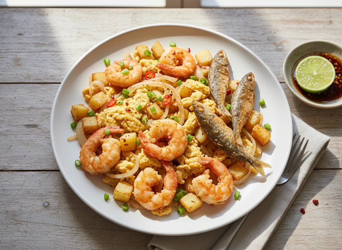 Filipino Breakfast Scramble with Fried Fish and Shrimp photo