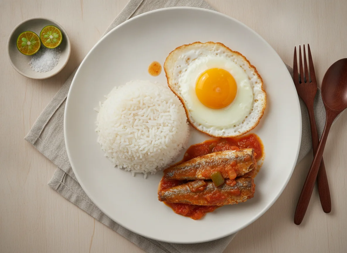 Filipino Breakfast with Rice, Fried Egg, and Sardines photo