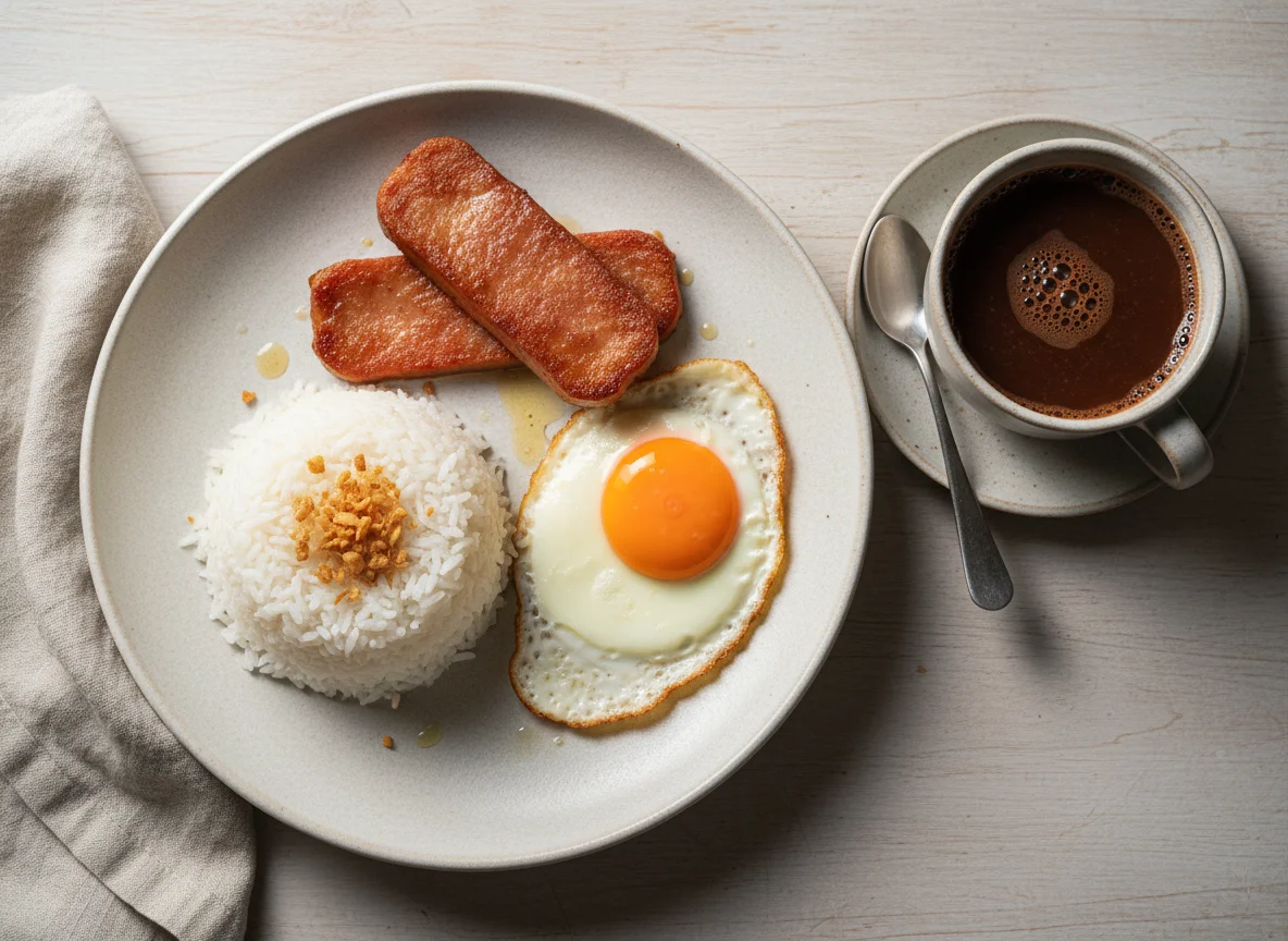 Filipino Breakfast with Rice, Spam, Egg, and Hot Chocolate photo