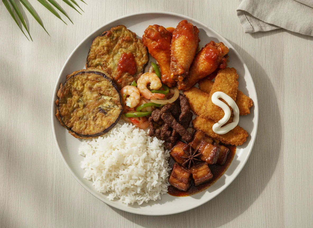 Filipino Buffet Plate with Rice and Mixed Viands photo