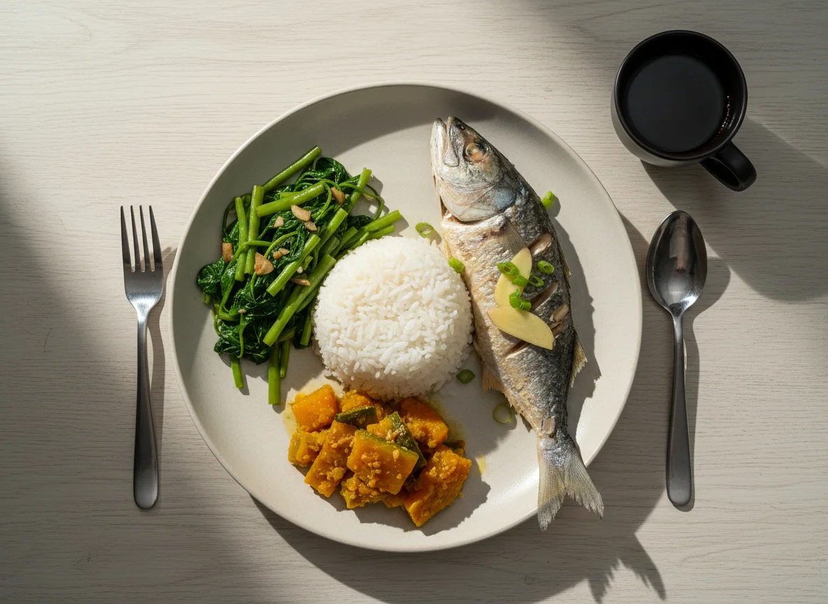 Filipino Fish Meal with Rice and Vegetables photo