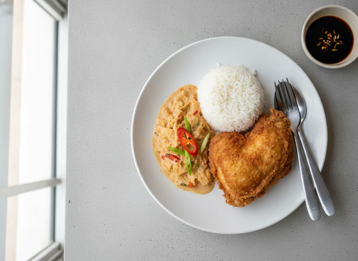 Filipino Fried Chicken Meal with Ginataang Puso ng Saging photo