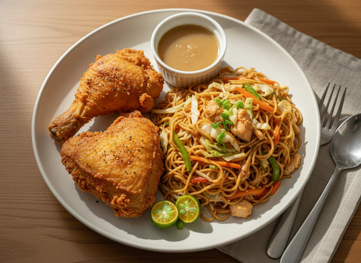 Filipino Fried Chicken with Pancit and Gravy photo