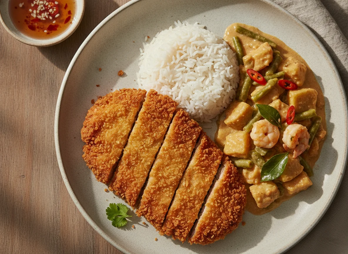 Filipino Fried Chicken/Pork Cutlet with Rice and Ginataang Langka photo