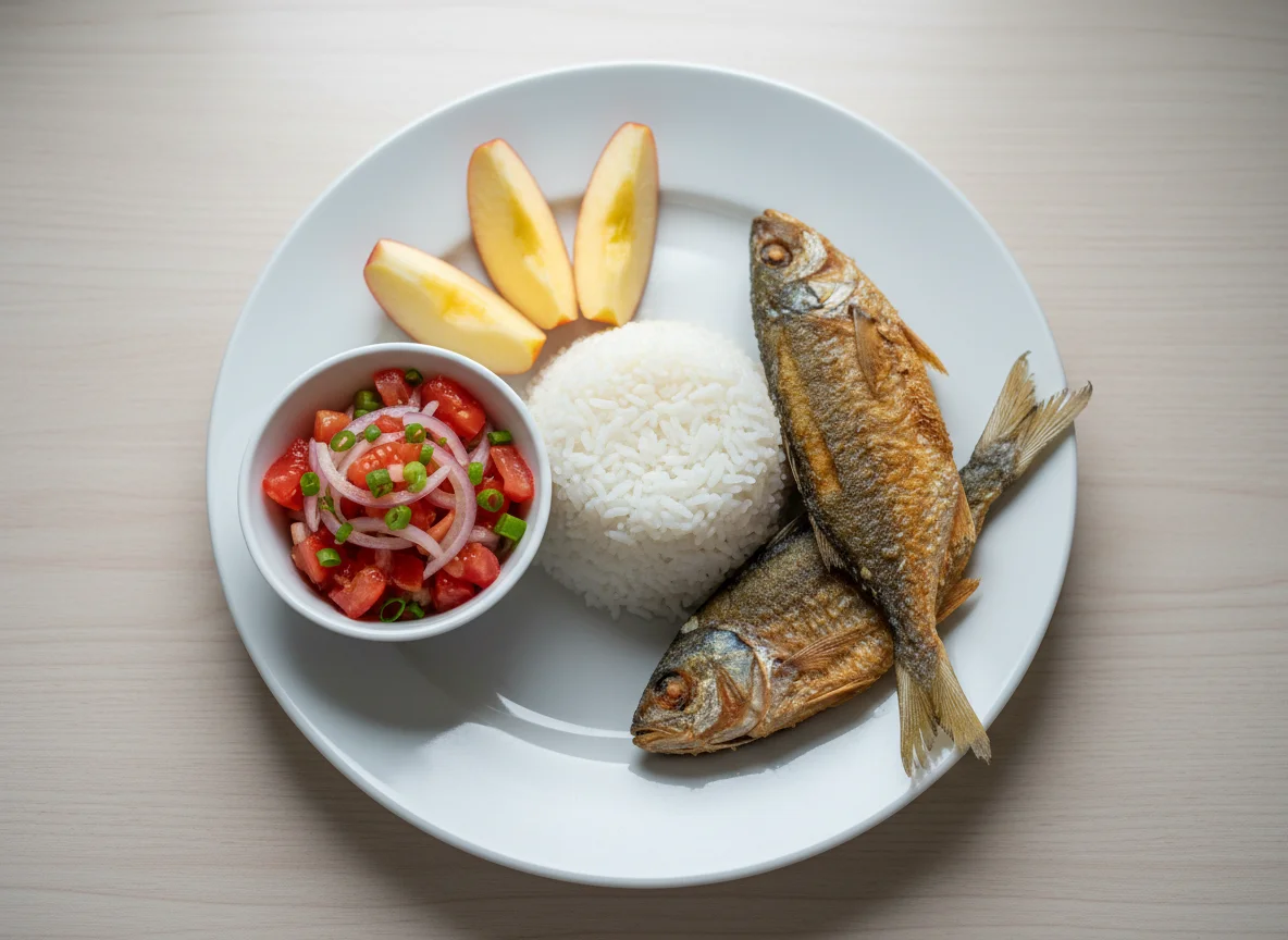 Filipino Fried Fish Meal with Rice, Tomato Salad, and Apple photo