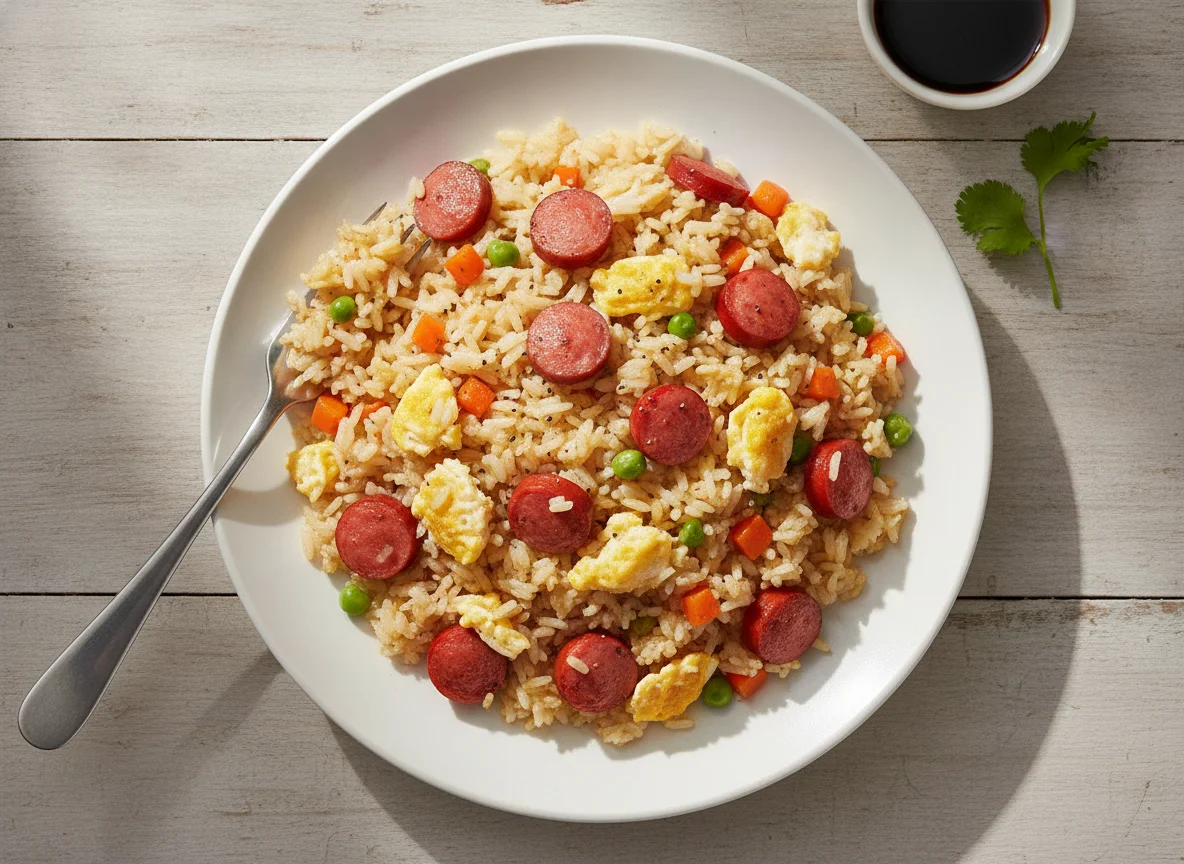 Filipino Fried Rice with Hotdog and Egg photo