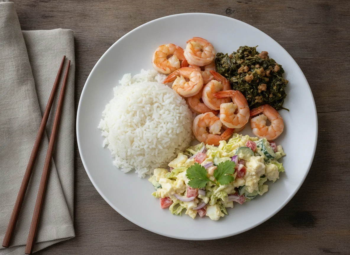 Filipino Home-style Meal with Shrimp, Rice, and Egg Salad photo