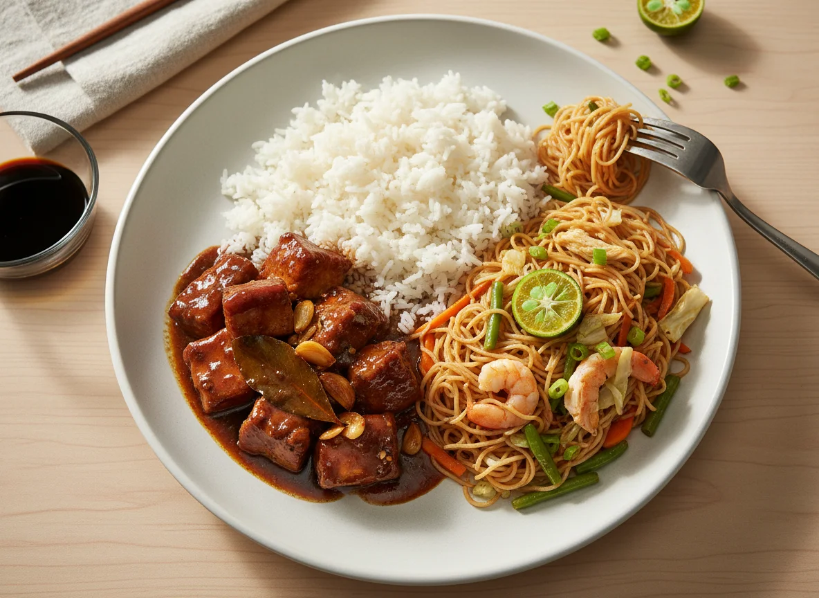Filipino Meal with Adobo, Pancit, and Rice photo