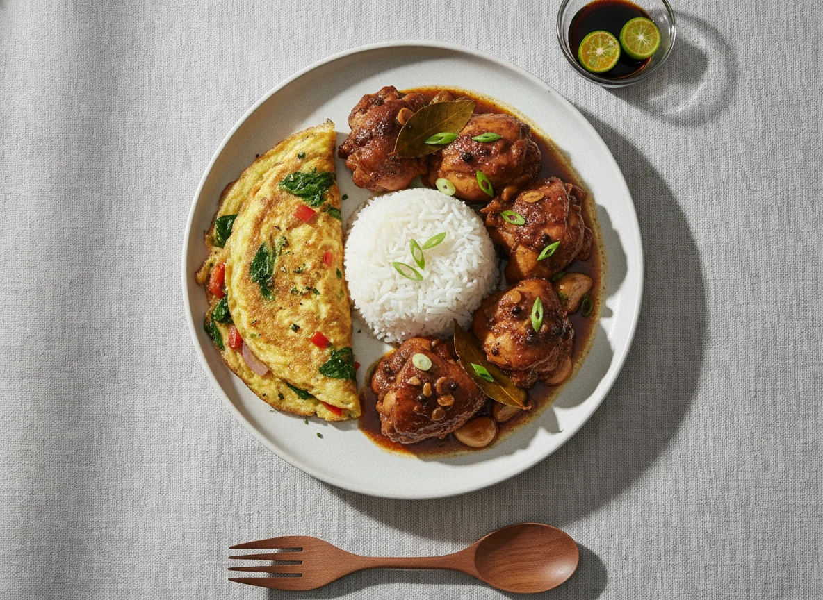 Filipino Meal with Chicken Adobo, Rice, and Omelette photo