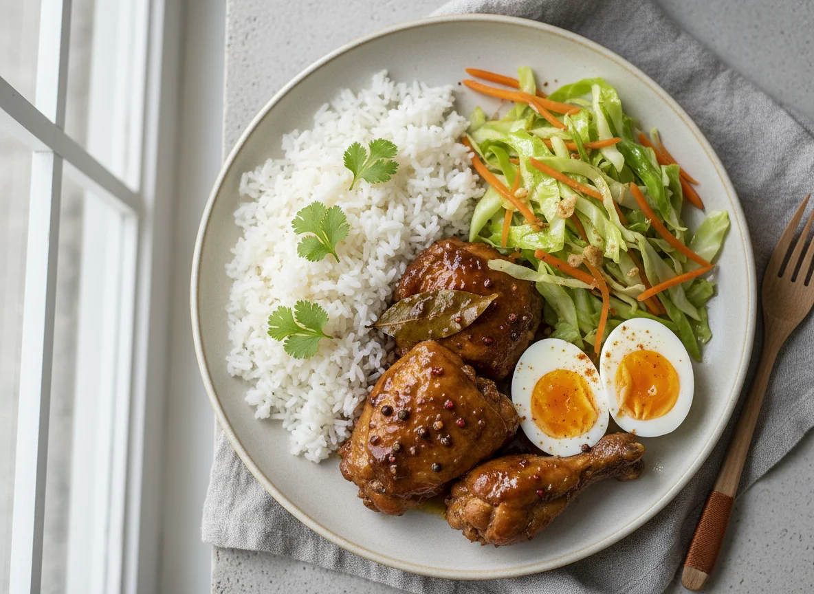Filipino Meal with Chicken Adobo, Sautéed Cabbage, Rice, and Boiled Eggs photo