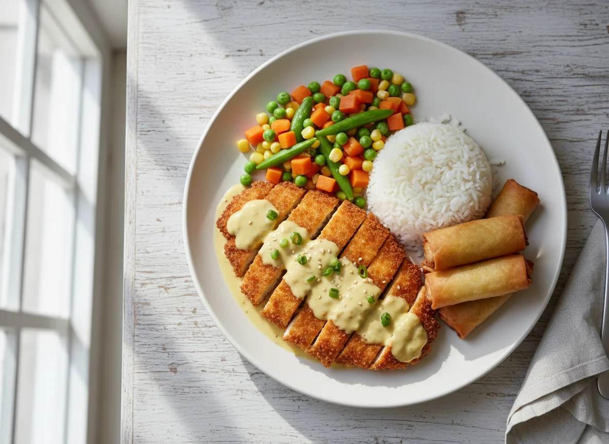 Filipino Meal with Chicken Katsu, Lumpiang Shanghai, Rice, and Mixed Vegetables photo