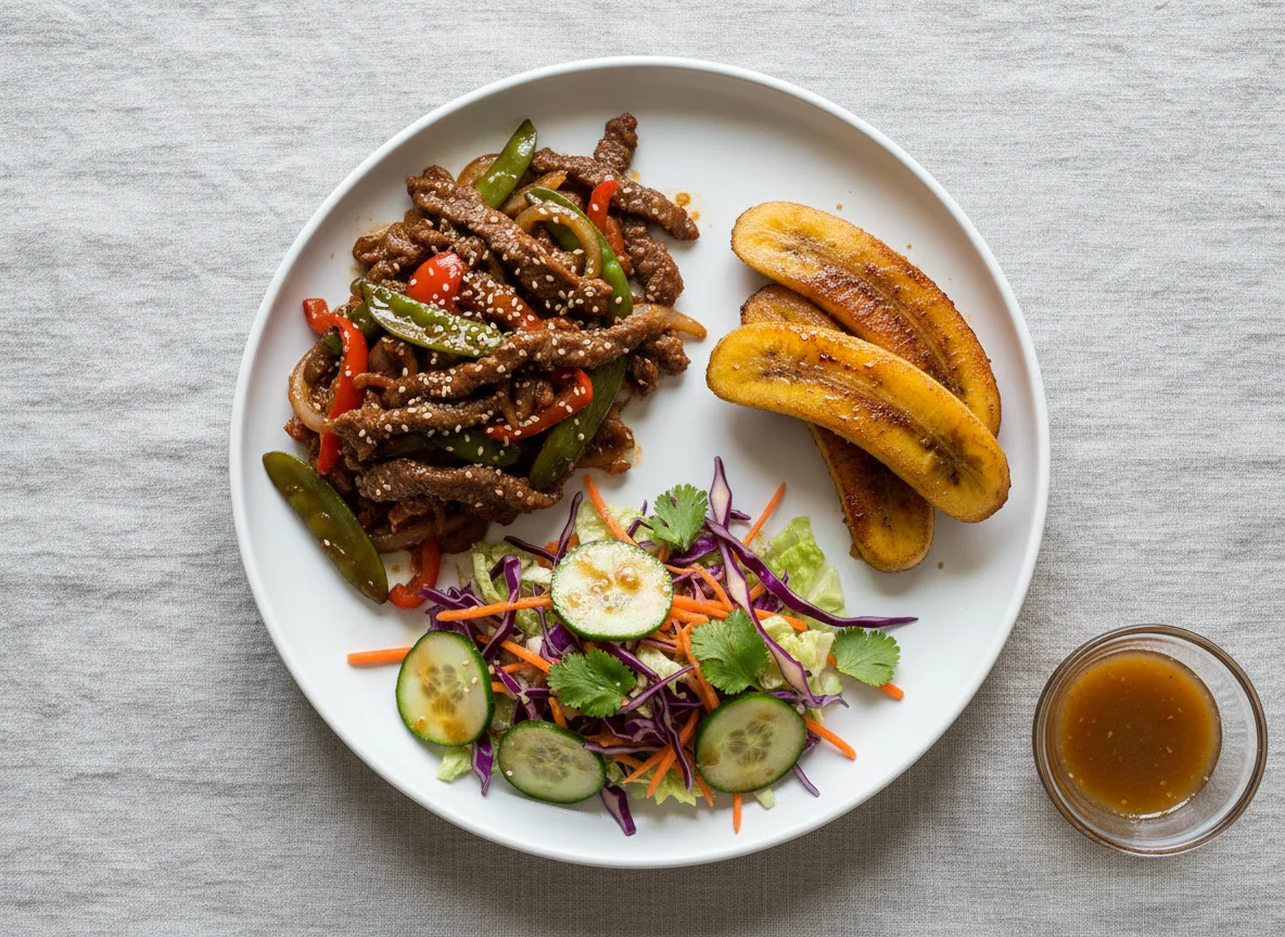 Filipino Meal with Fried Bananas, Beef Stir-fry, and Salad photo