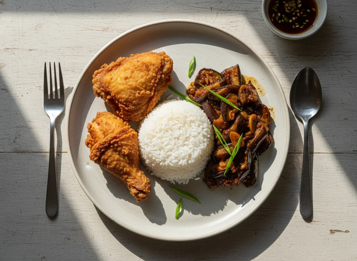 Filipino Meal with Fried Chicken, Eggplant, and Rice photo