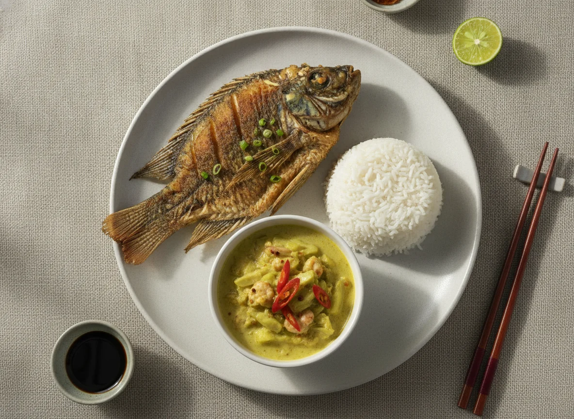 Filipino Meal with Fried Fish, Ginataang Langka, and Rice photo