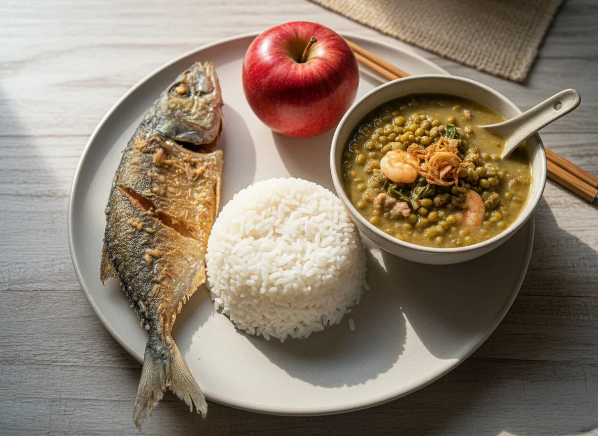 Filipino Meal with Fried Fish, Munggo, Rice, and Apple photo