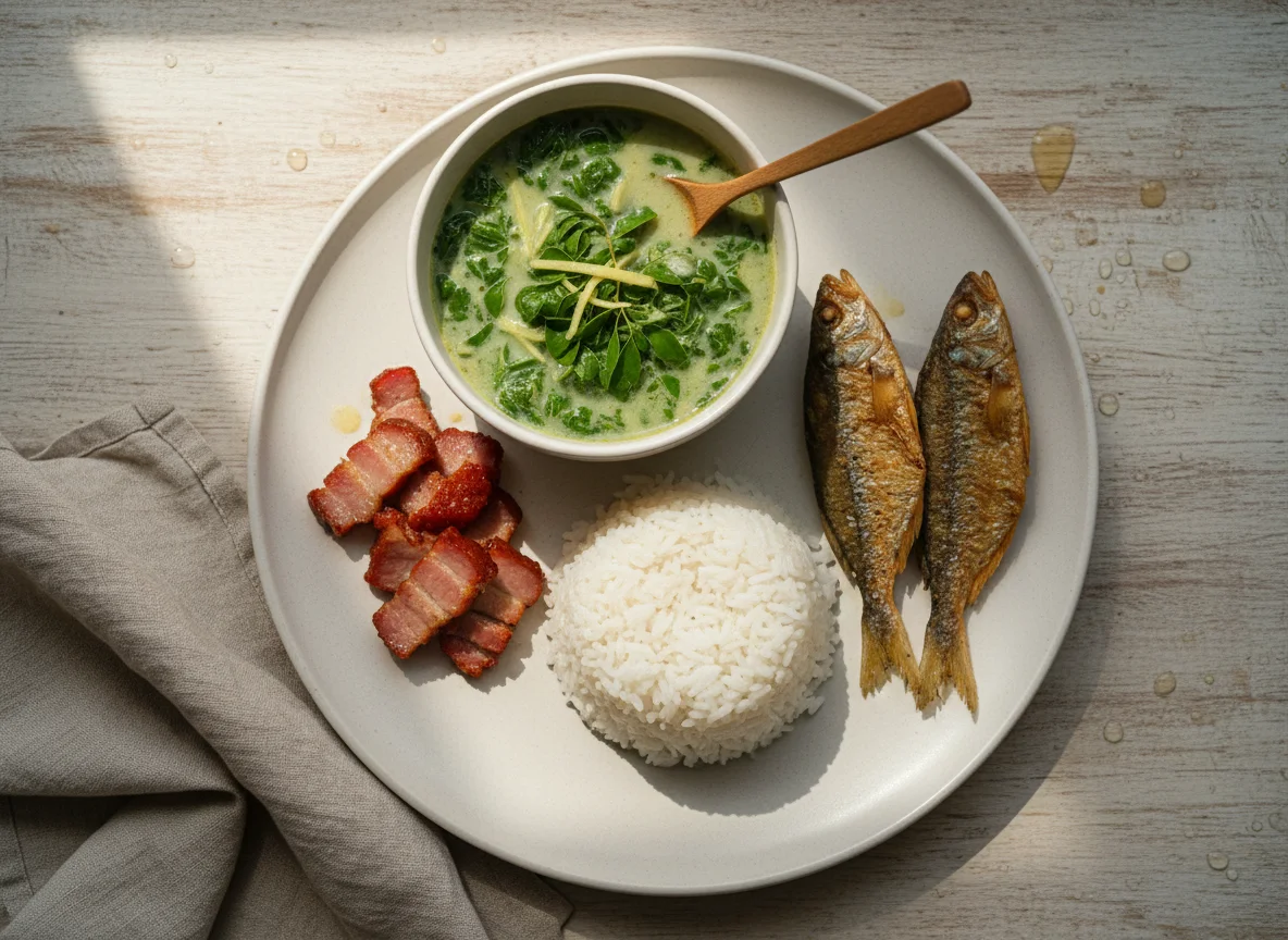 Filipino Meal with Fried Fish, Rice, and Soup photo