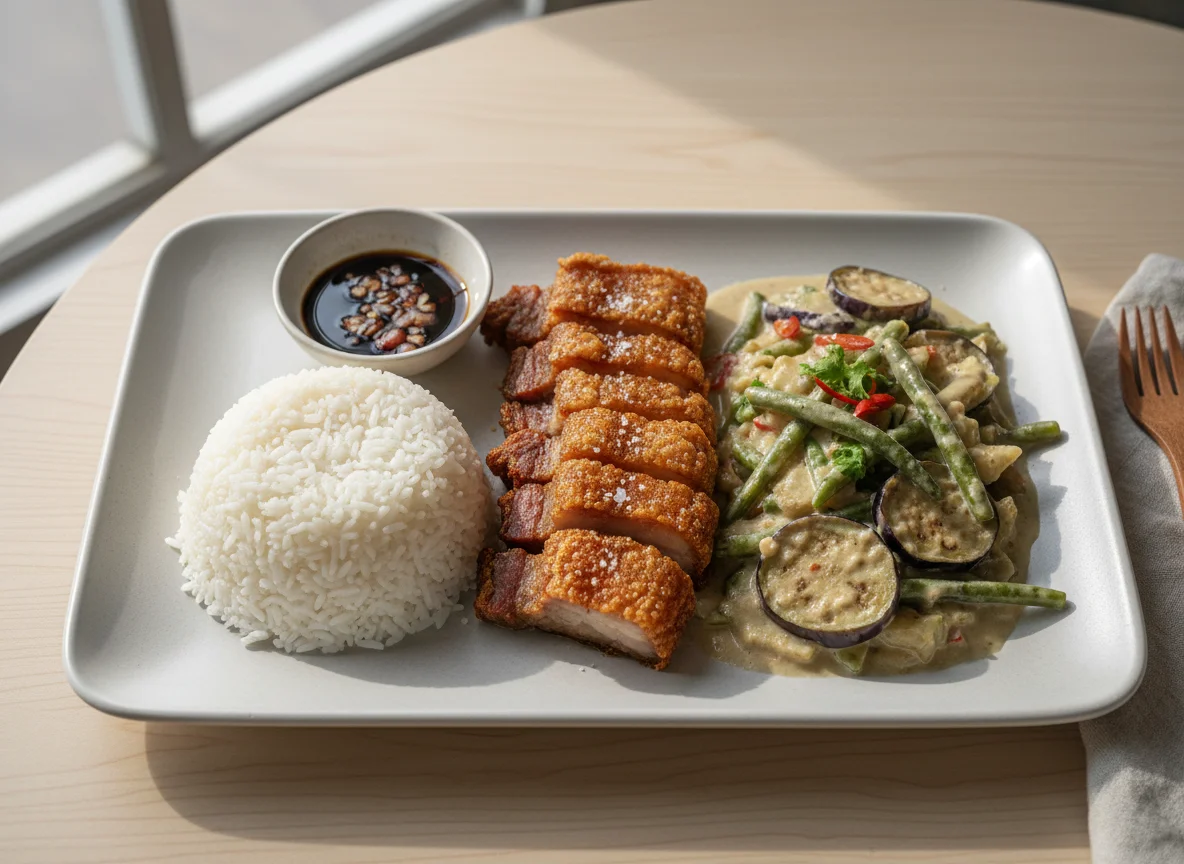 Filipino Meal with Ginataang Gulay, Lechon Kawali, and Rice photo