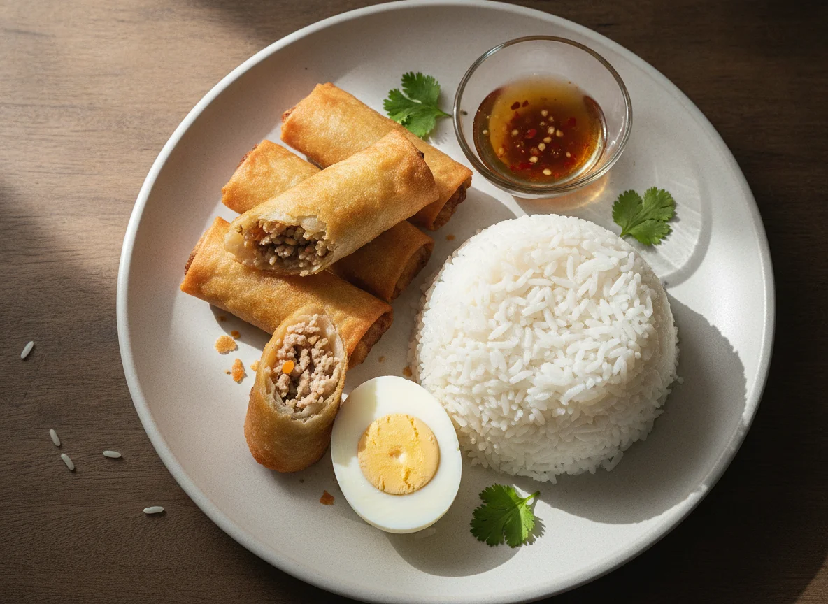 Filipino Meal with Lumpia, Rice, and Boiled Egg photo