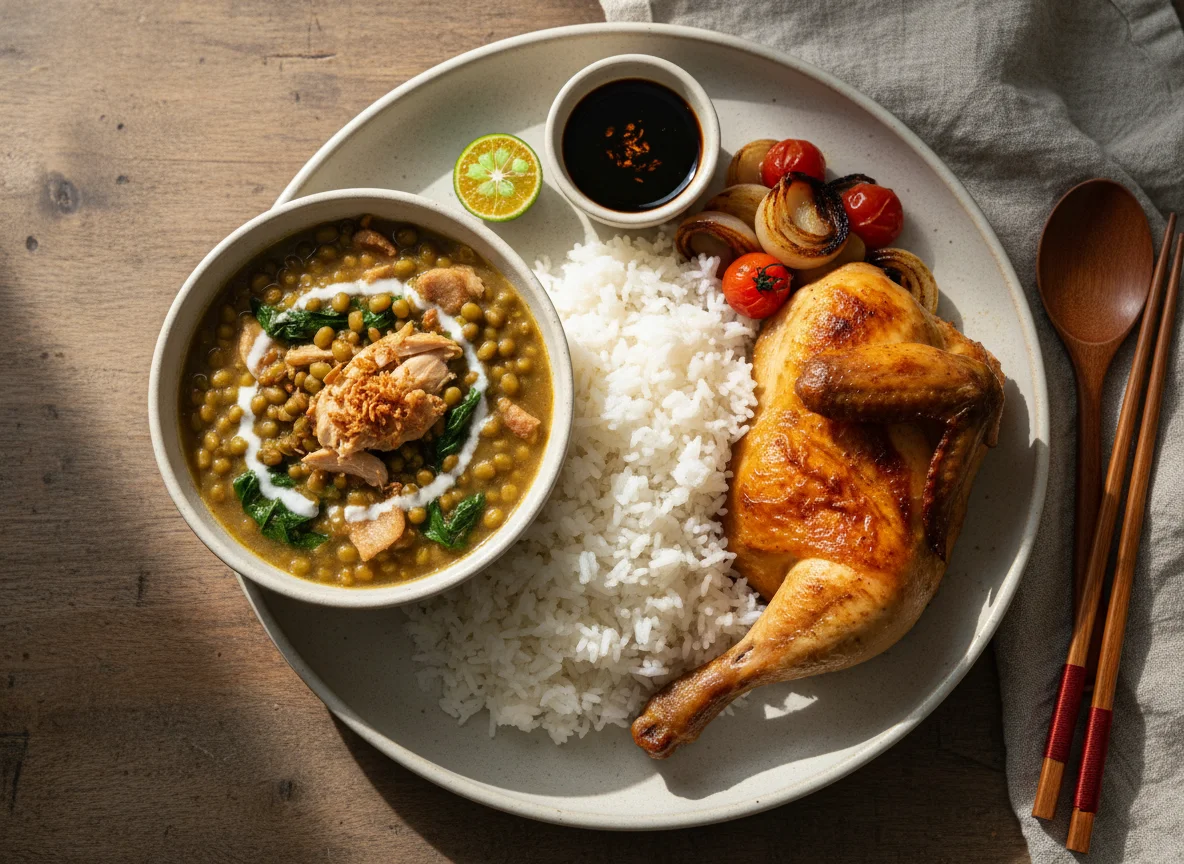 Filipino Meal with Mung Bean Stew, Rice, and Roasted Chicken photo