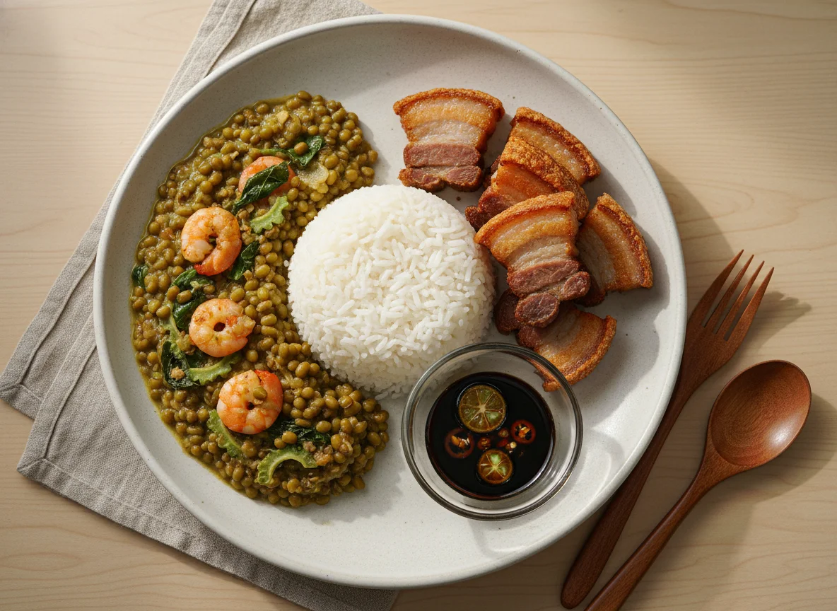 Filipino Meal with Munggo, Fried Pork, and Rice photo