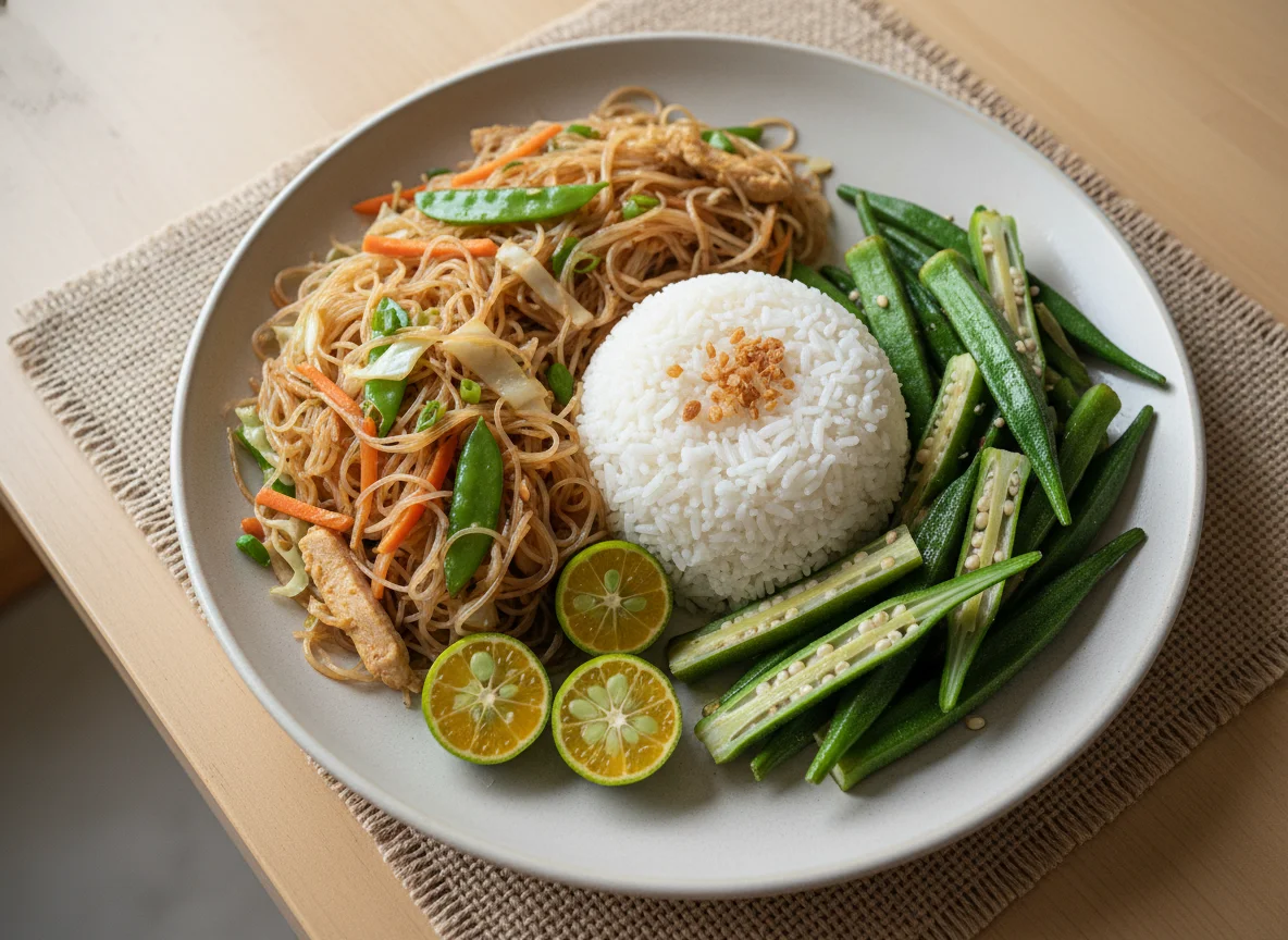 Filipino Meal with Pancit, Rice, and Okra photo
