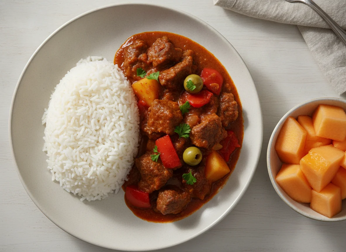 Filipino Meal with Rice, Beef Stew, and Melon photo