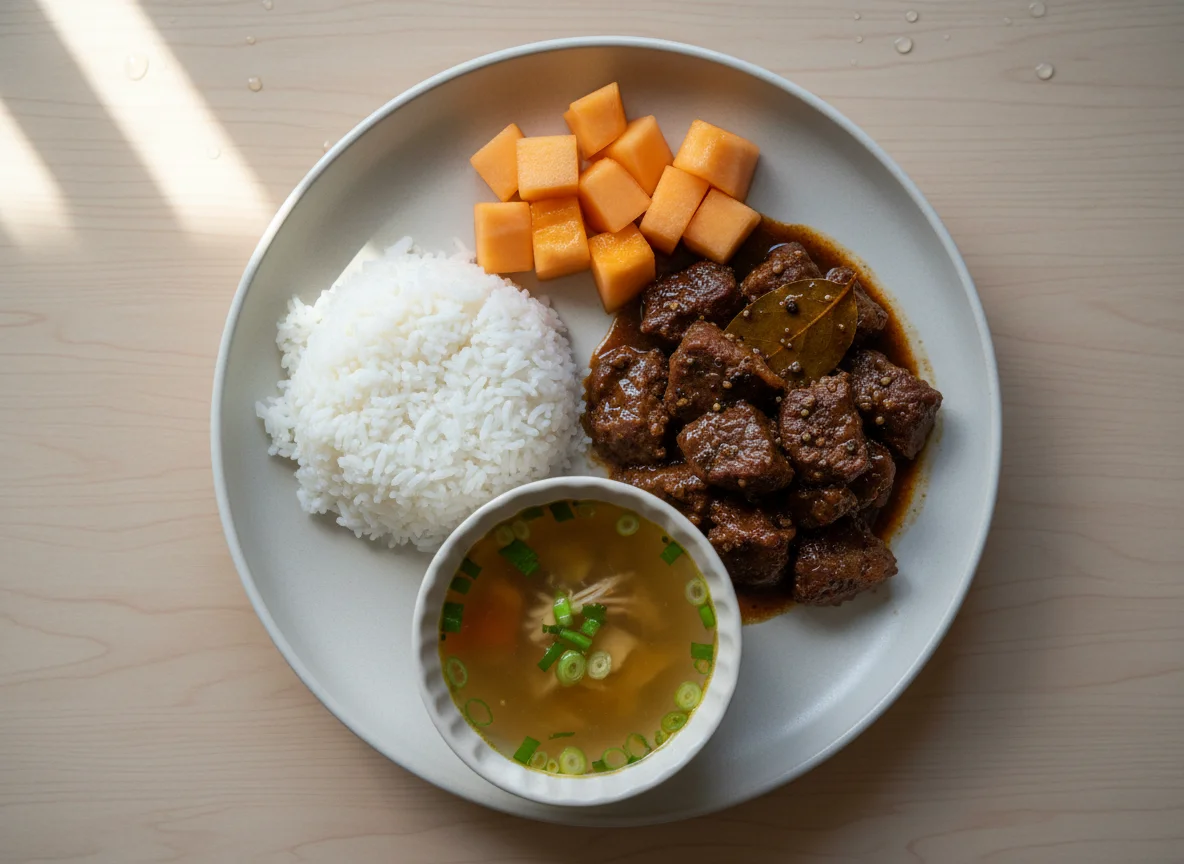 Filipino Meal with Rice, Meat, Soup, and Melon photo