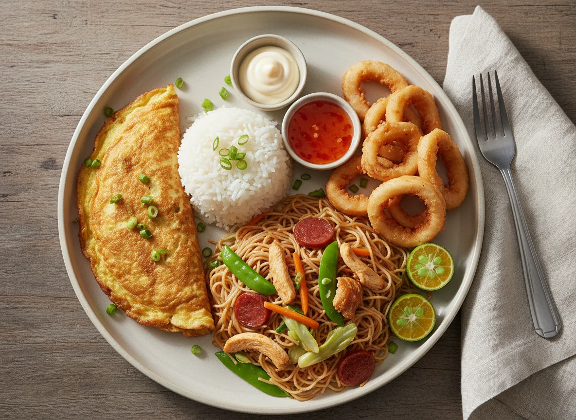 Filipino Meal with Rice, Omelette, Fried Squid Ring, and Pancit photo