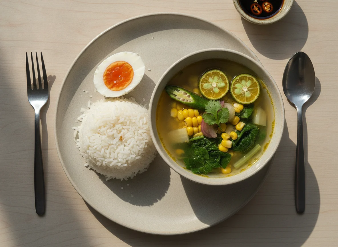 Filipino Meal with Salted Egg, Rice, and Vegetable Soup photo