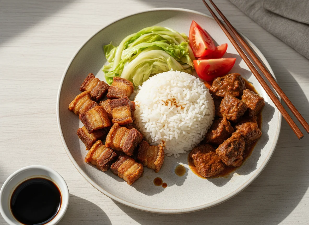 Filipino Mixed Meal with Crispy Pork and Rice photo