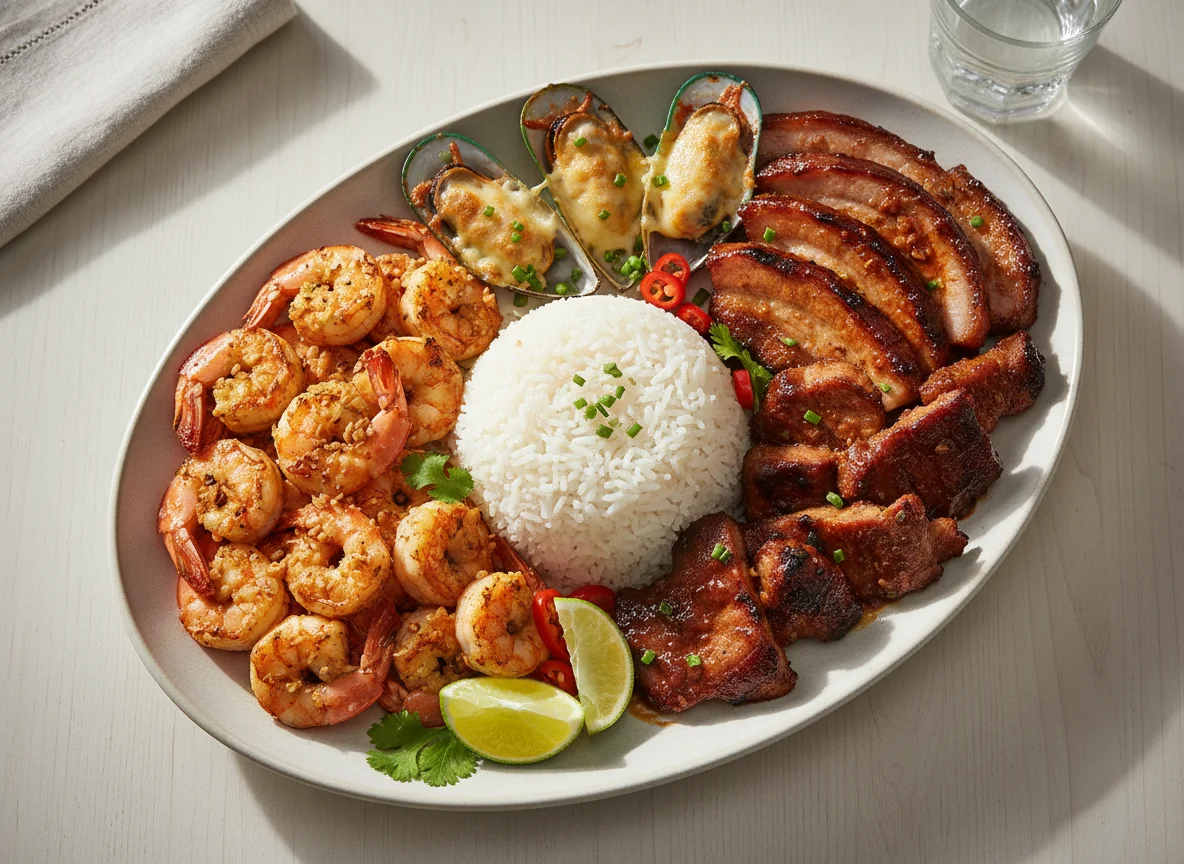Filipino Mixed Seafood and Meat Platter with Rice photo