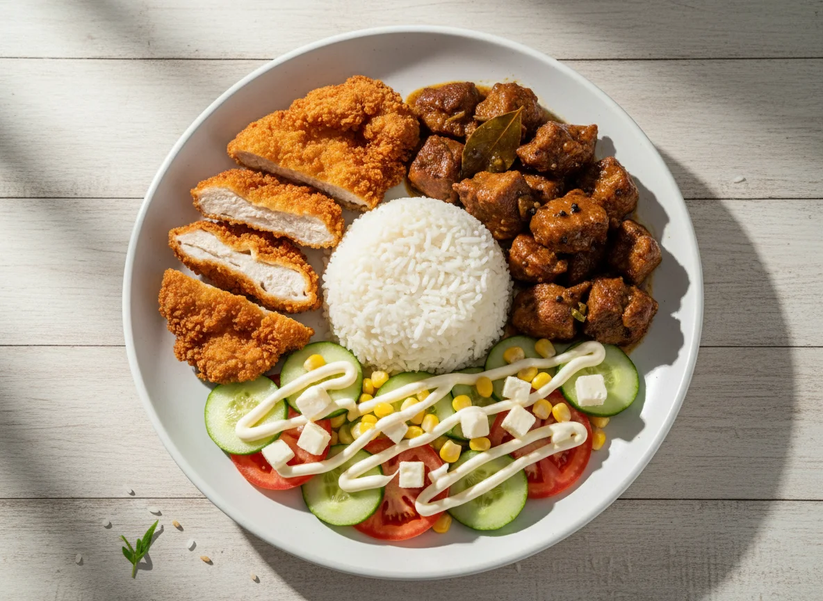 Filipino Platter with Fried Chicken, Adobo, Rice, and Salad photo