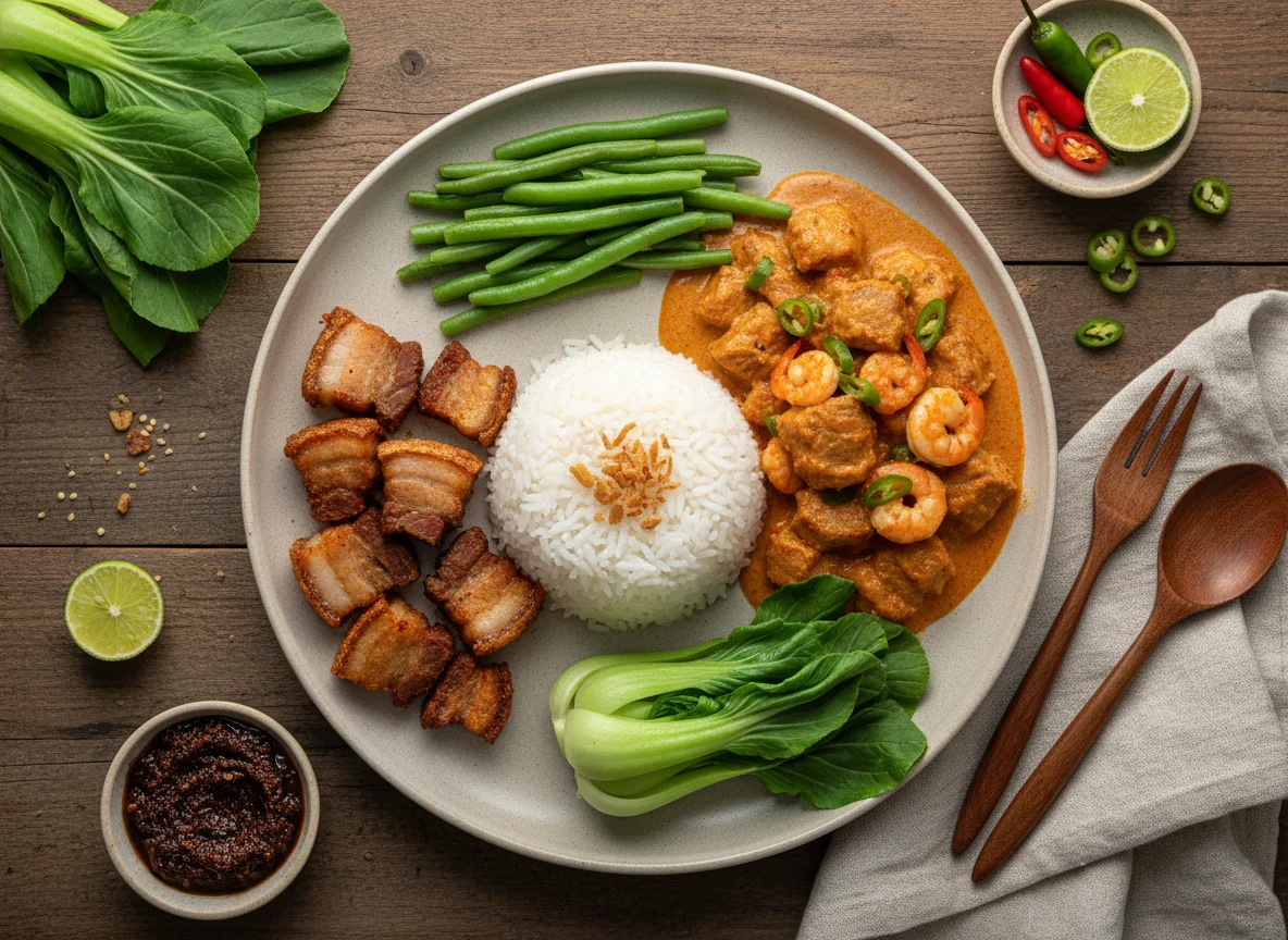 Filipino Platter with Lechon Kawali, Bicol Express, and Rice photo