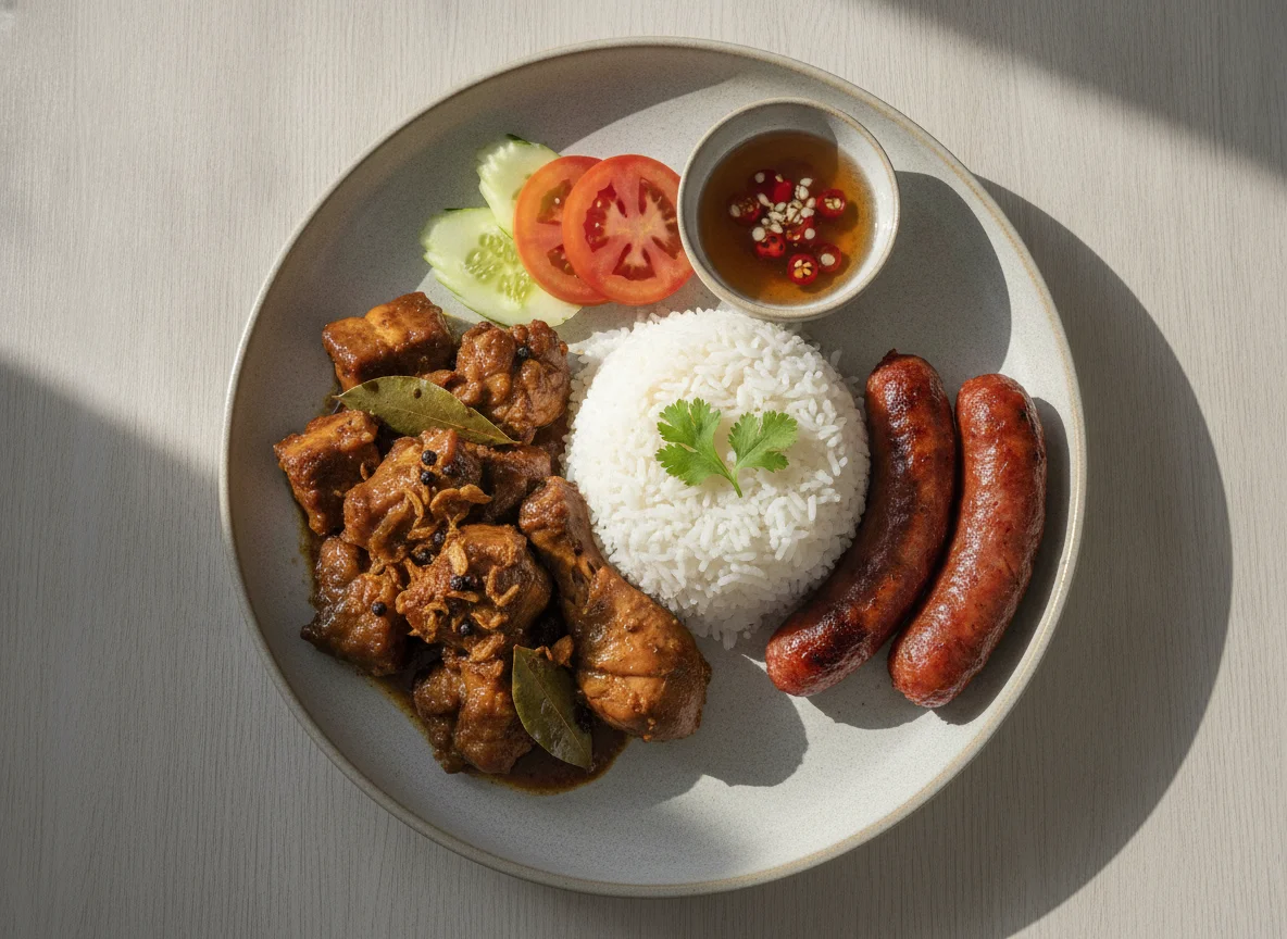 Filipino Rice Meal with Adobo and Longganisa photo