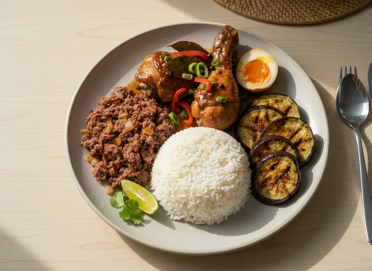 Filipino Rice Meal with Corned Beef, Eggplant, and Chicken Adobo photo