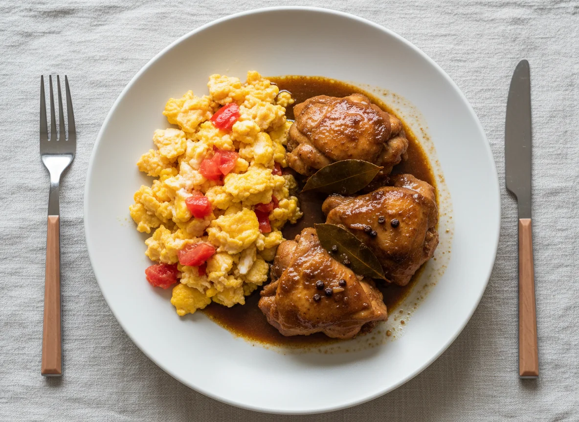 Filipino Scrambled Eggs with Tomatoes and Chicken Adobo photo