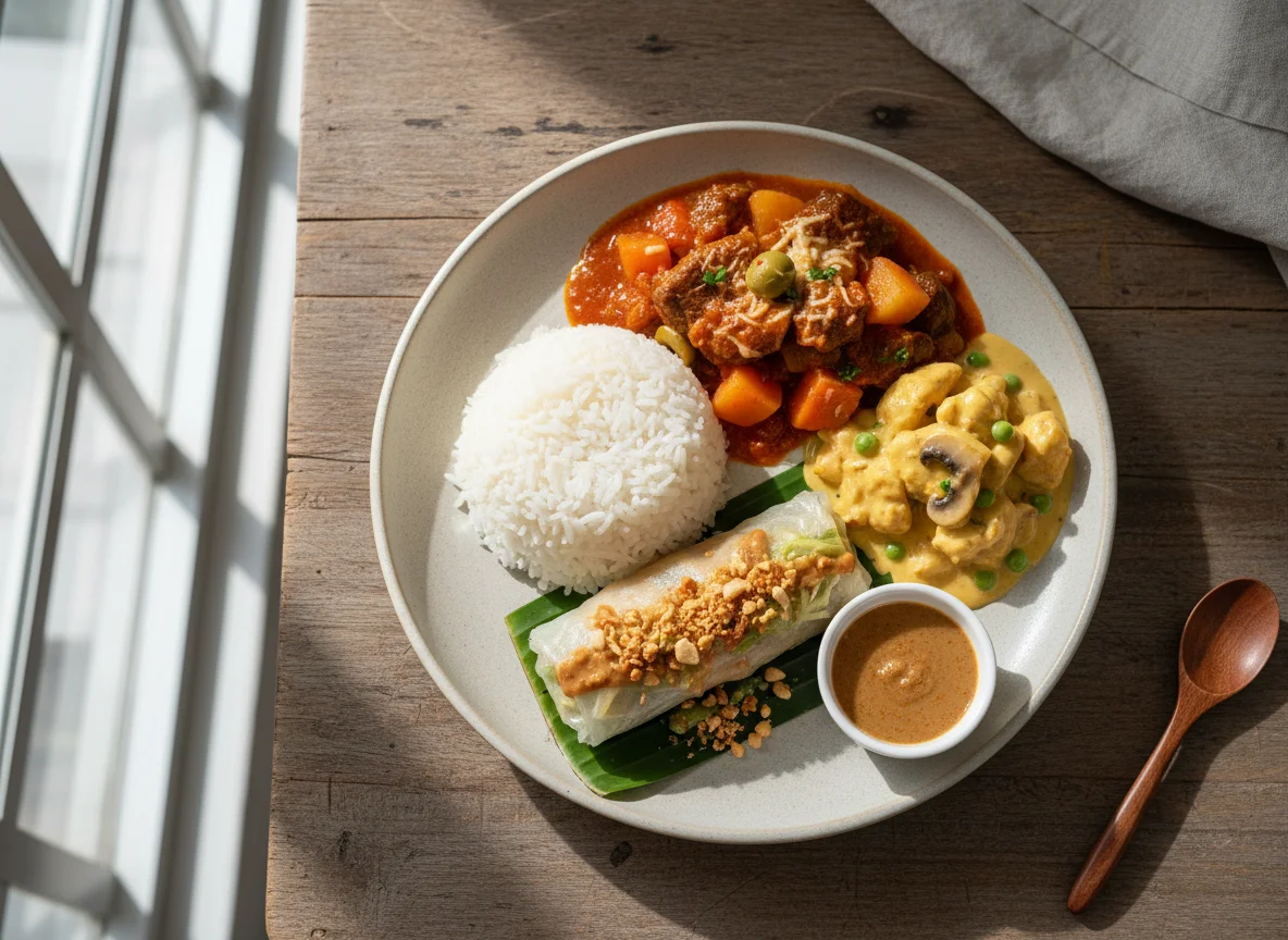 Filipino Stew with Rice and Lumpiang Sariwa photo