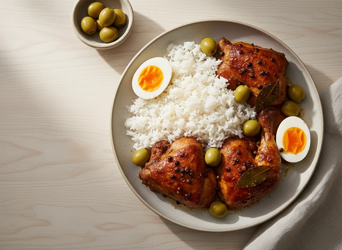 Filipino Style Meal with Chicken, Eggs, and Rice photo
