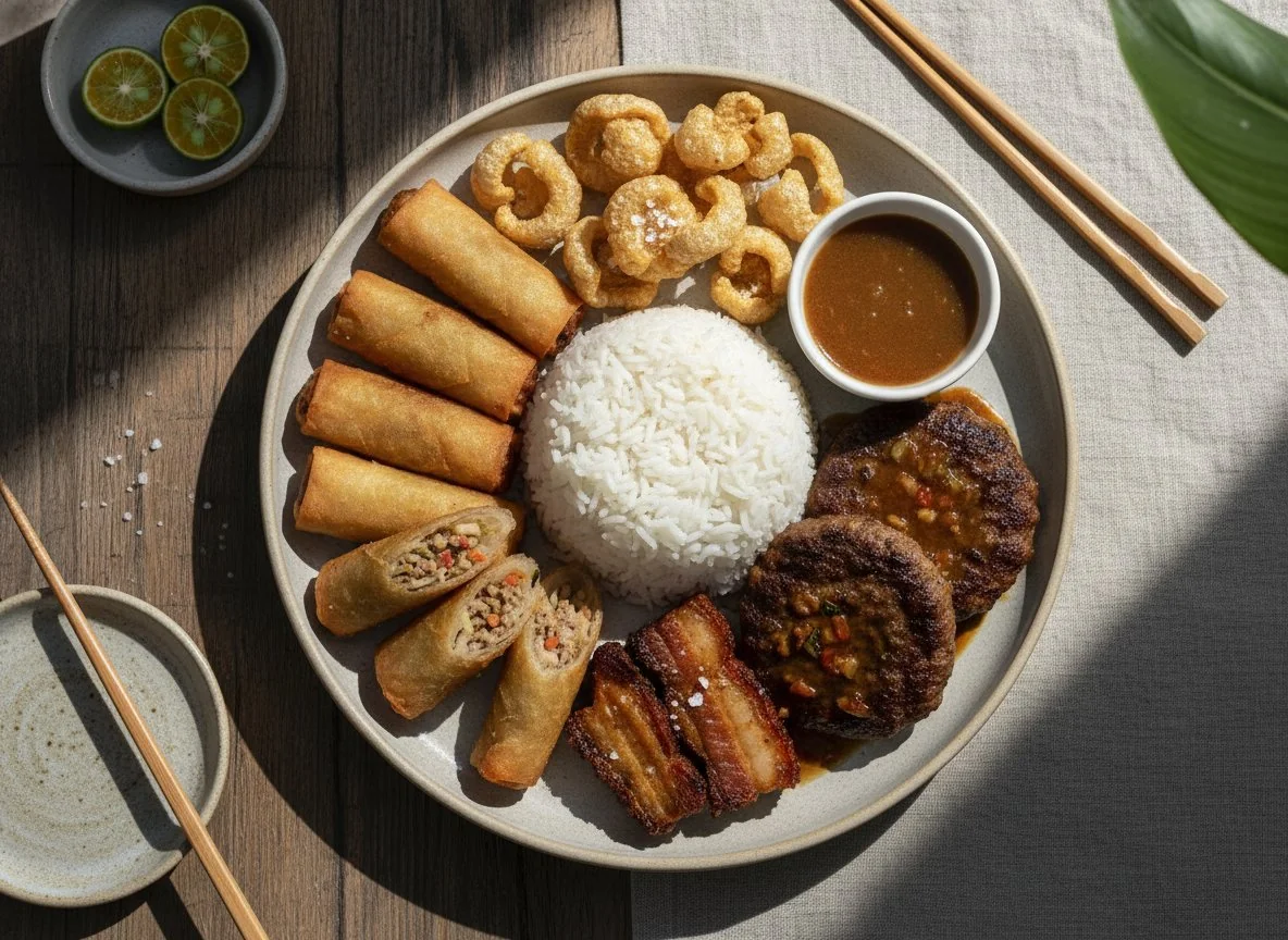 Filipino Style Meal with Rice, Lumpia, Chicharon, and Meat photo
