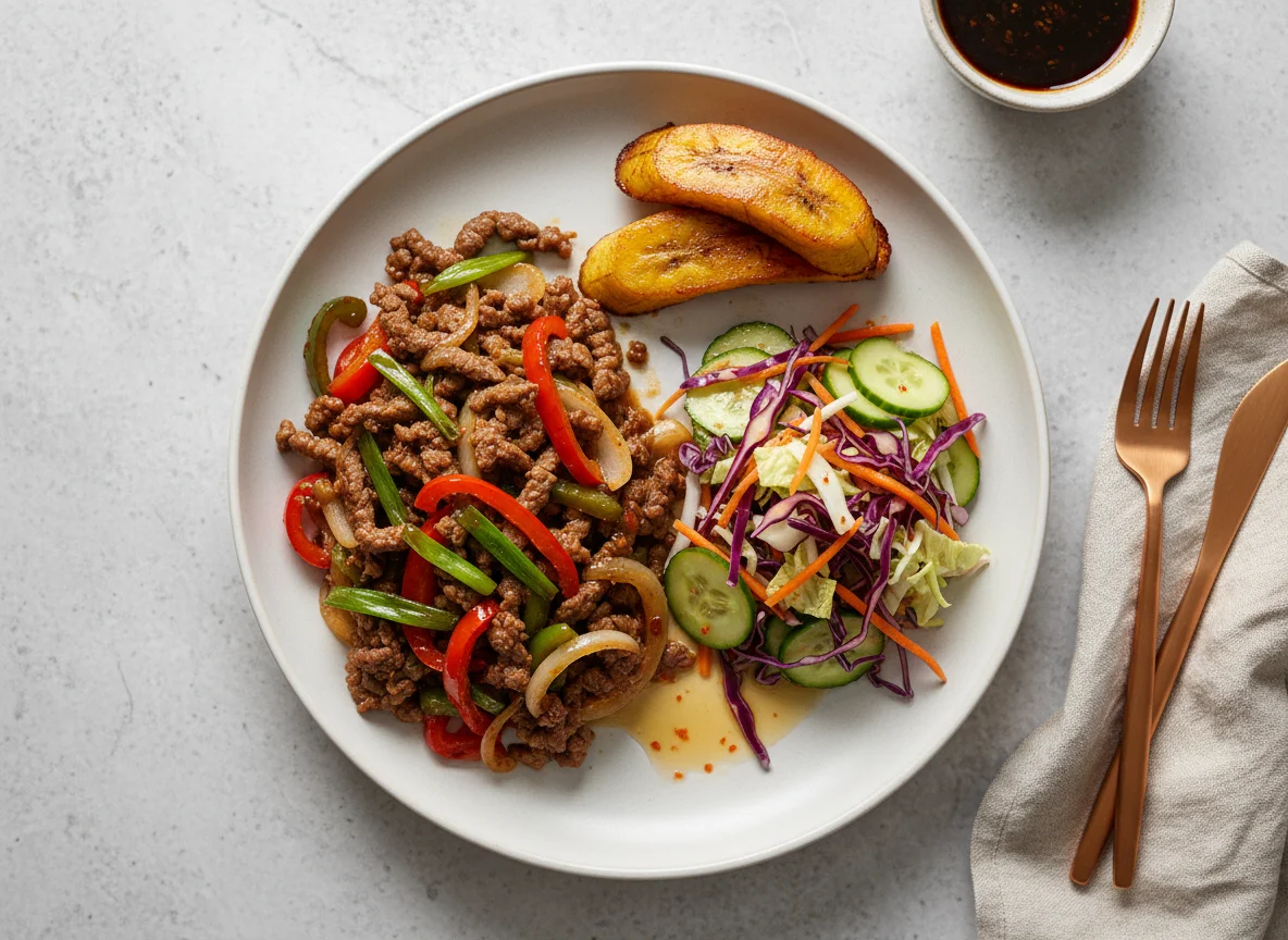 Filipino-style Beef Stir-fry with Salad and Fried Bananas photo