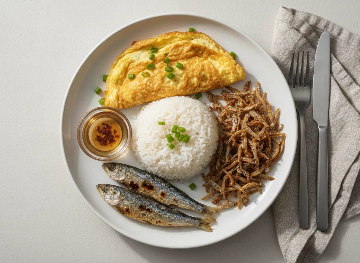 Filipino-style breakfast with rice, omelette, and dried fish photo